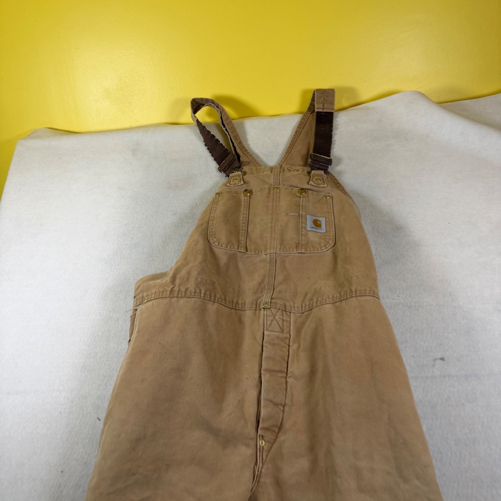 Carhartt Mens Duck Bib Overalls Red Quilt Lined Double Knee Tan 52x30 USA Made
